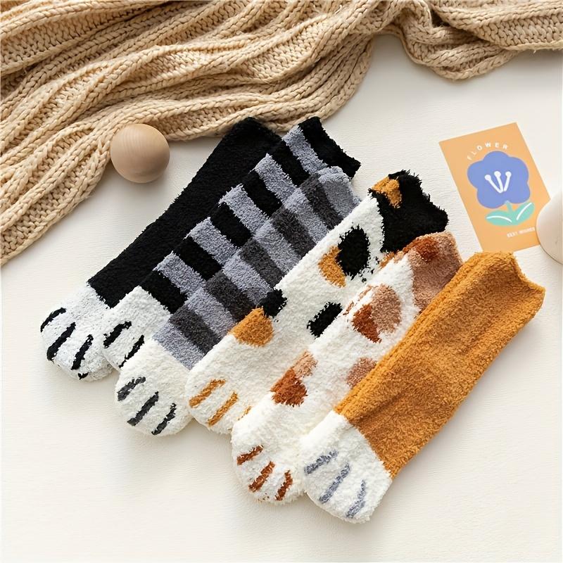 6 Pairs Women's Cute Cat Paw Pattern Socks, Adorable Design Warm Socks Casual Socks Autumn/Winter Socks Velvet Socks Daily Wear
