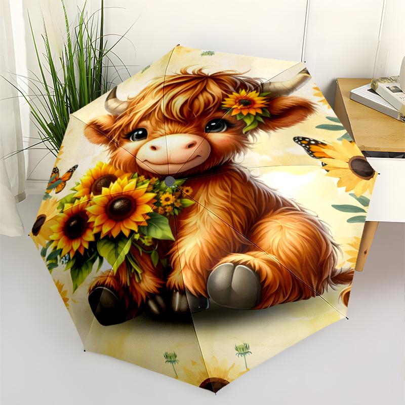 Highland Cow Floral Frame Automatic Umbrella Compact 8-Rib Lightweight Durable Plastic & Iron Travel Essential Fashion Lovers