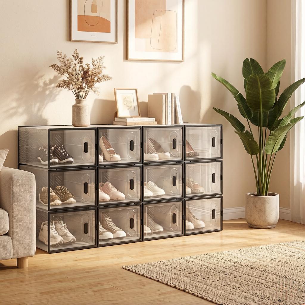 Stackable Shoe Storage Box,Storage Box,Modular Shoe Rack,Bookshelf,Toy Organizer,Wardrobe,Bathroom Cabinet(only with 12Pcs Storage Box)