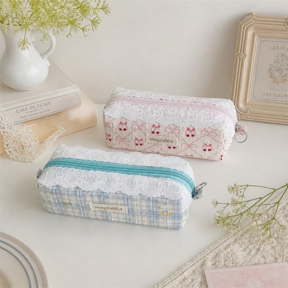 Cherry Bow Pen Pouch Large Capacity Cosmetic Pouch Cute Clutch Bags School Stationery