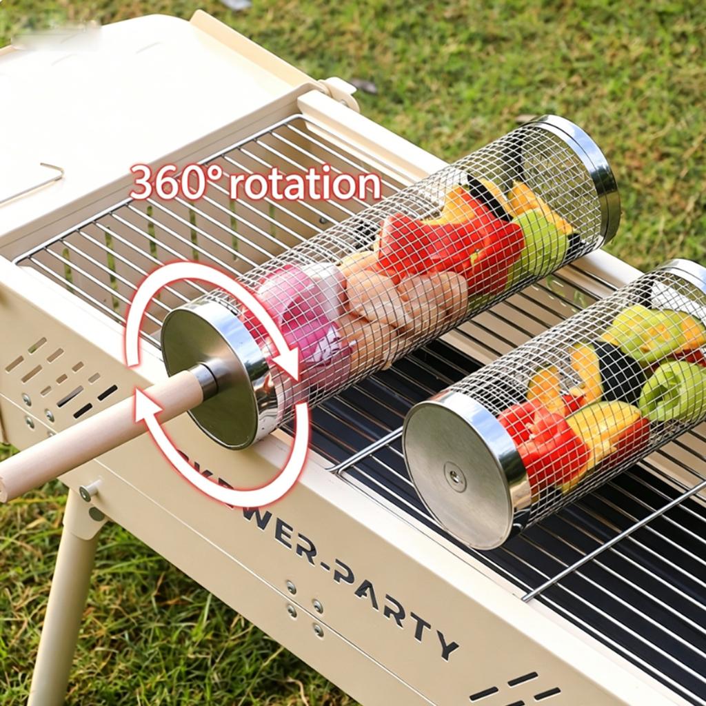 Panier à Grillades Rond Rotatif Portable d'Extérieur avec Poignée en Bois Maille d'Acier Inoxydable Outil de Cuisson Barbecue pour Camping Pique-nique