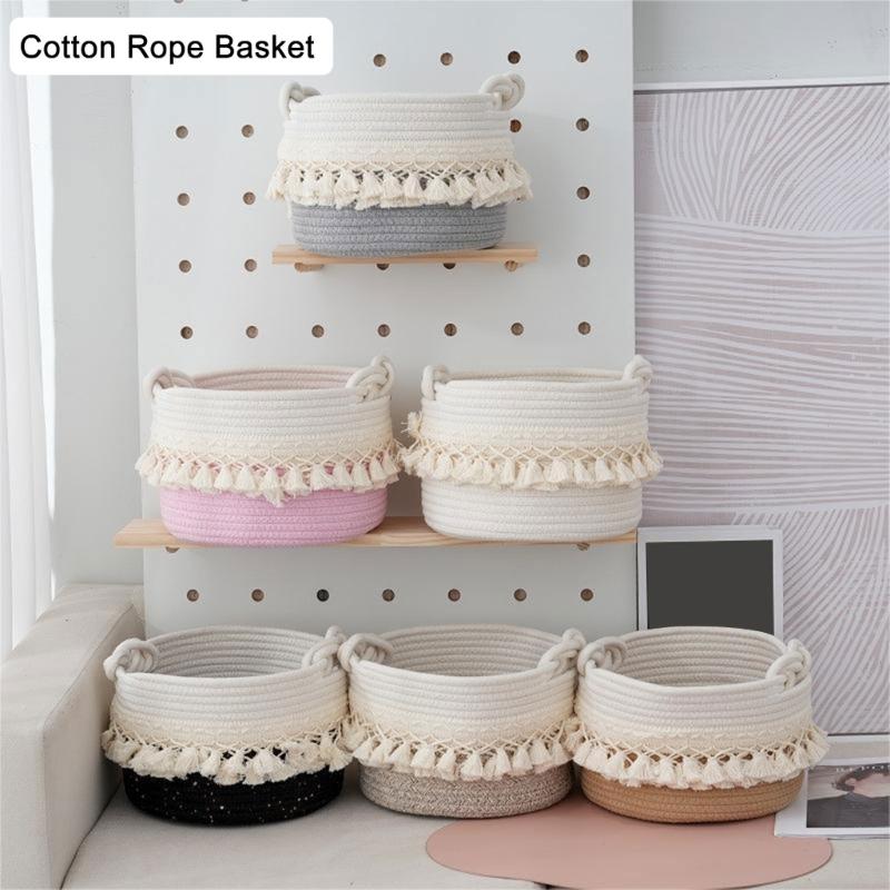 Stylish Cotton Rope Woven Storage Basket Contemporary Tassels Cotton Rope Basket Practical and Soft Storage Container