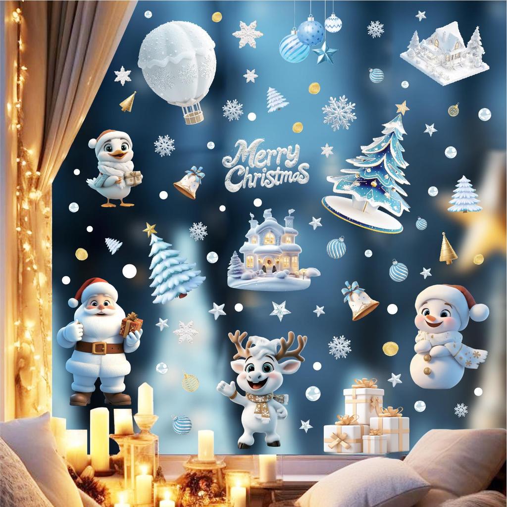 Christmas Decorative Glass Static Cling Stickers: Santa, Snowflakes, Snowmen Window Decals