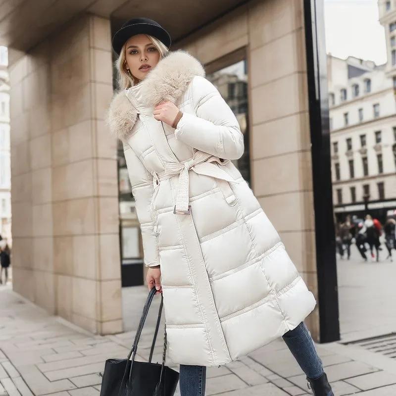 Damen Neue Jacke Parkas Pelzkragen Daunen Baumwolljacke Winter Kapuze Langer Parka Warm Weibliche Gepolsterte Jacke Lässige Oberbekleidung
