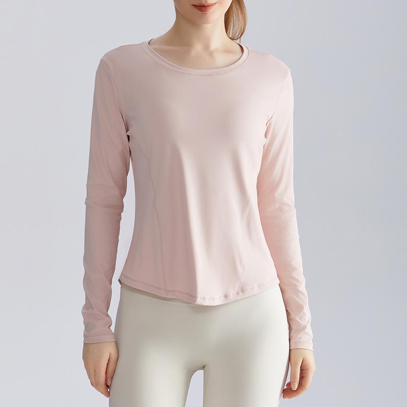 Chuandun Women's Slim Fit Quick-Dry Yoga Top - Long Sleeve, Breathable, Round Neck, Curved Hem