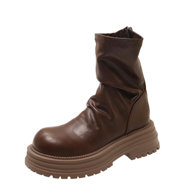 British style thick-soled pleated stacked Martin boots women's 2025 new height-increasing and thin rear zipper elastic thin boots
