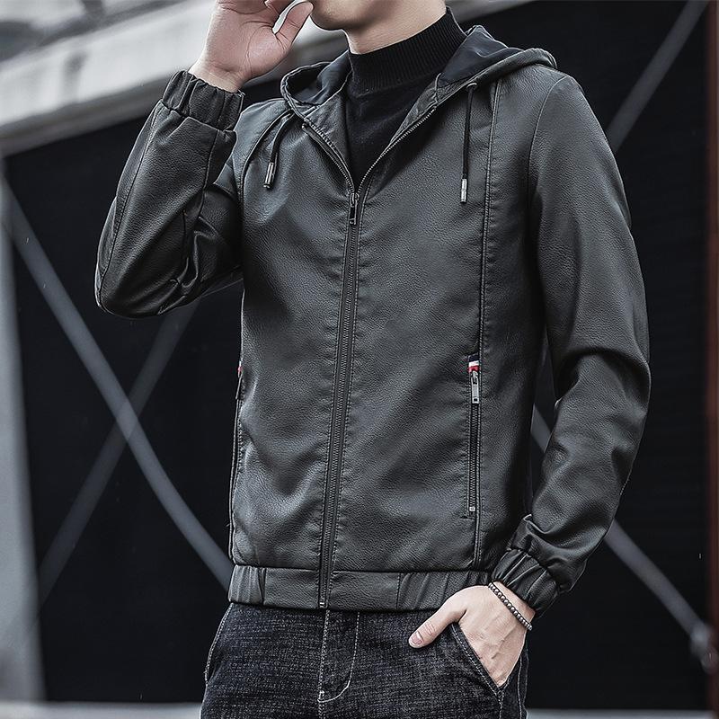 Geacă de piele pentru bărbați, jachetă din piele PU, jachetă casual cu glugă, slim fit, stil coreean, motocicletă
