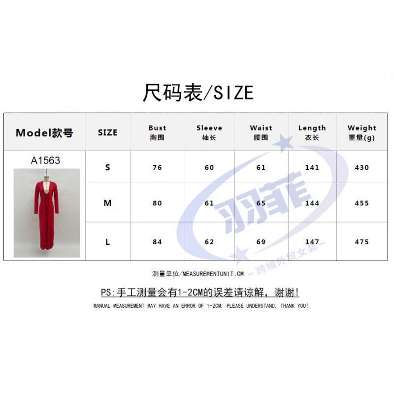 Europe, America, Autumn New Products, Sexy Deep V Streamer Long-sleeved Solid Color Slim-fitting Fashion Dress