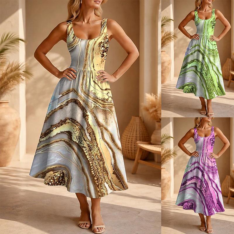Women's Sleeveless U Neck Abstract Marble Print A-Line Maxi Dress for Casual Vacation