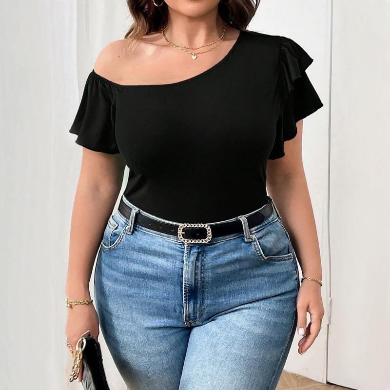 Women Black Asymmetric Off Shoulder Ruffle Short Sleeve Casual Top 2XL чёрный