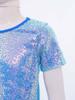 Girls Shiny Sequins Round Neck Short Sleeve T Shirt Cheerleading Dance Performance Stage Party Top