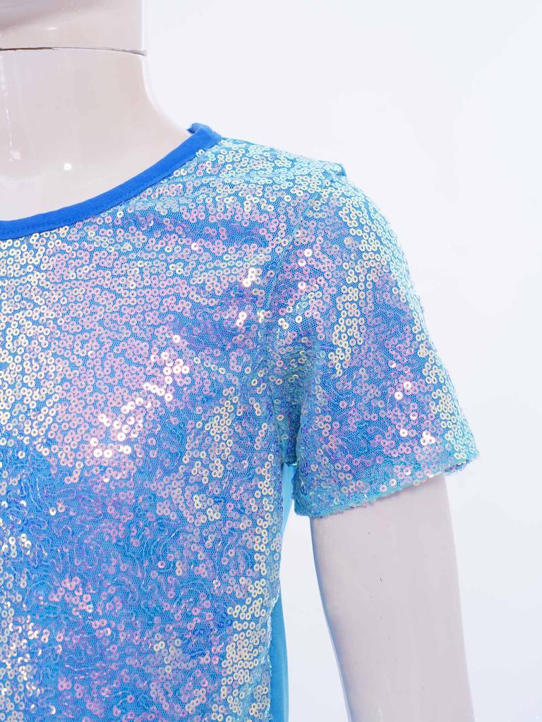 Girls Shiny Sequins Round Neck Short Sleeve T Shirt Cheerleading Dance Performance Stage Party Top