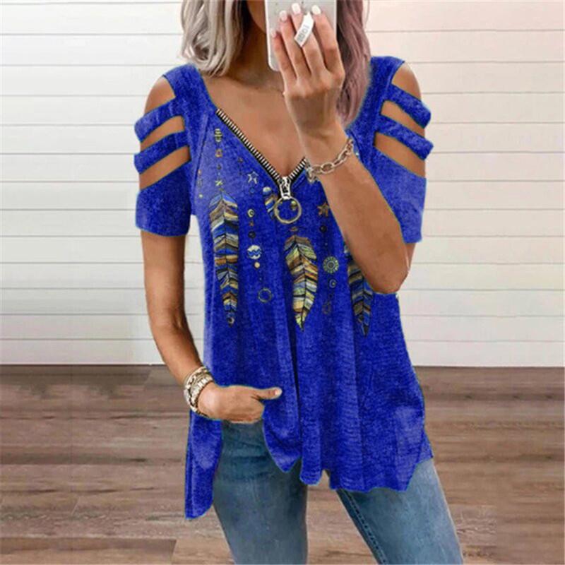 2023 European & American Women's V-Neck Zipper Floral Short-Sleeve Loose T-Shirt