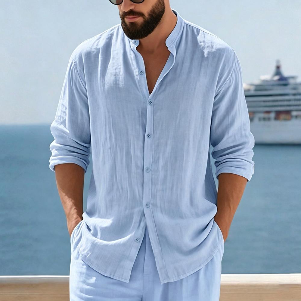 Herren Leinenmischung Mandarin-Kragen Hemd - Langarm Button-Up Lässig Lockerer Schnitt Strandurlaub Oberteil in Unifarben Beige