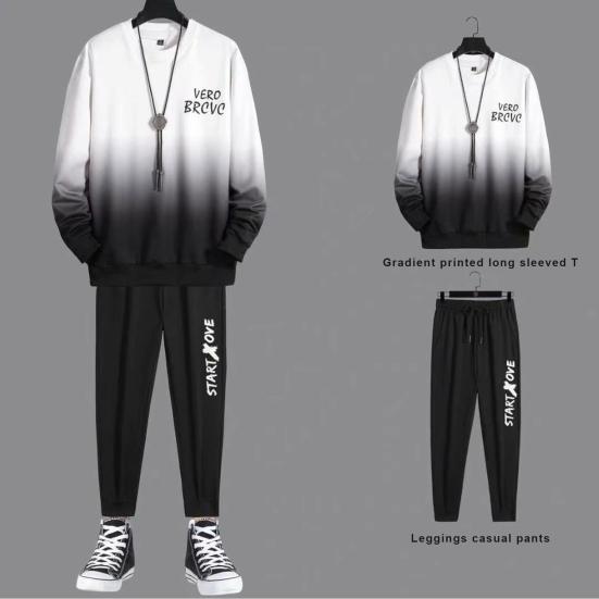 2 Pcs/Set Men Top Pants Suit Gradient Contrast Color Long Sleeve Round Neck Loose Elastic Waist Ankle Banded Hip Hop Sports Tracksuit Fall Spring Top