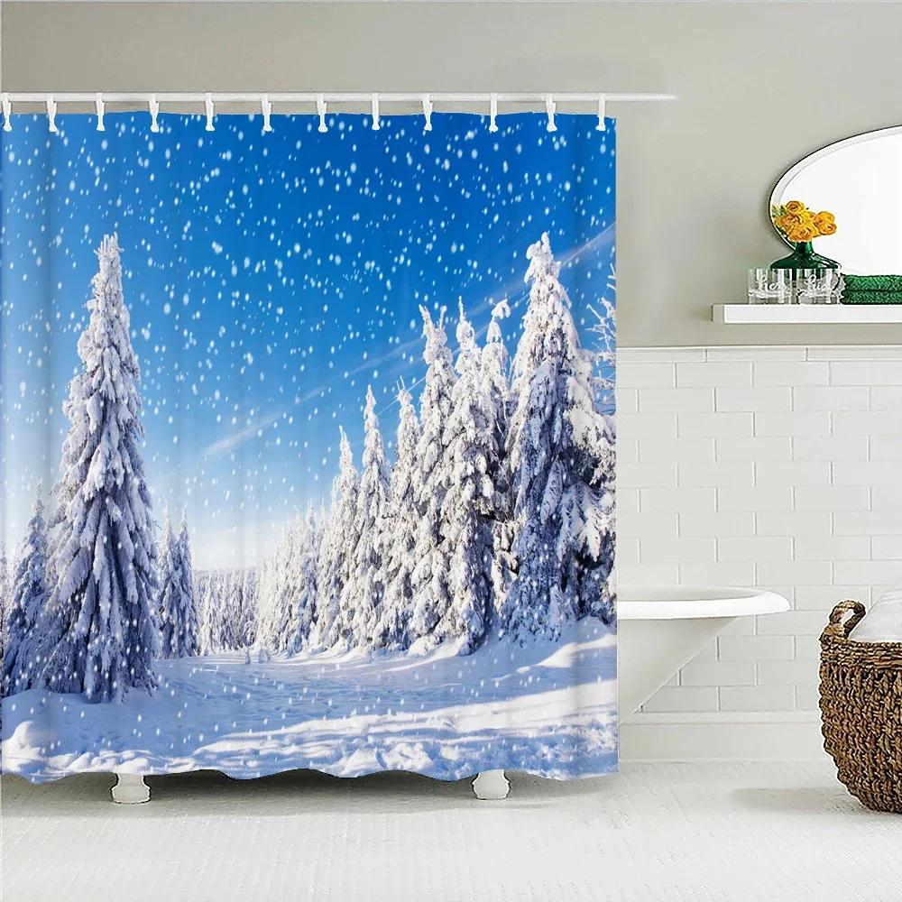 Christmas Shower Curtain Waterproof Fabric Snow Scene Cedar Trees landscape Print Shower Curtains for Bathroom Shower with Hoo