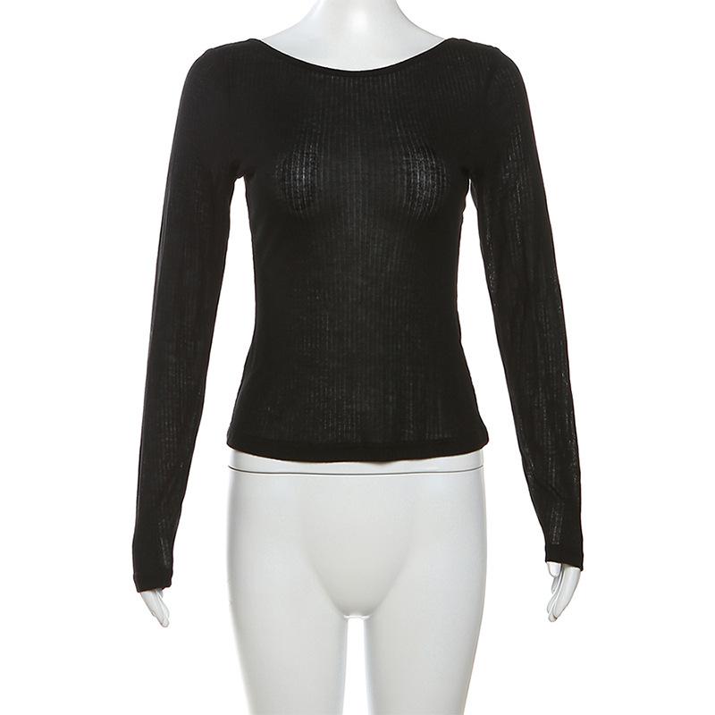 Dámské podzimní topy s dlouhým rukávem a výstřihem přes rameno, elastické, sexy, slim, bez zad, trička, dámské, nová móda, šněrovací, jednobarevné topy, trička