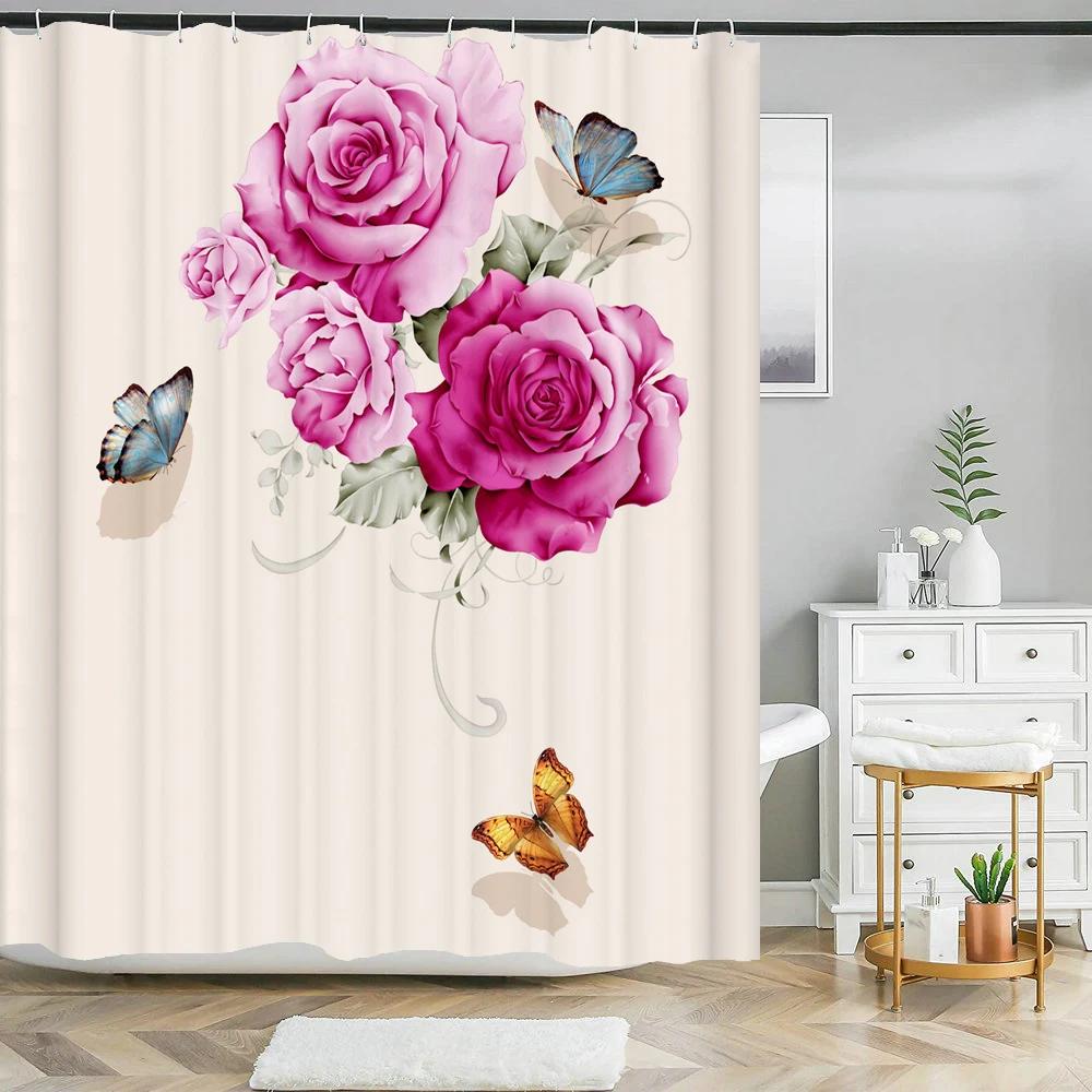 Piękne Zasłony Prysznicowe z Kwiatami, Zasłona 3D z Nadrukiem Kwiatowym do Łazienki, Wodoodporna Zasłona Łazienkowa z Haczykami z Tkaniny Poliestrowej
