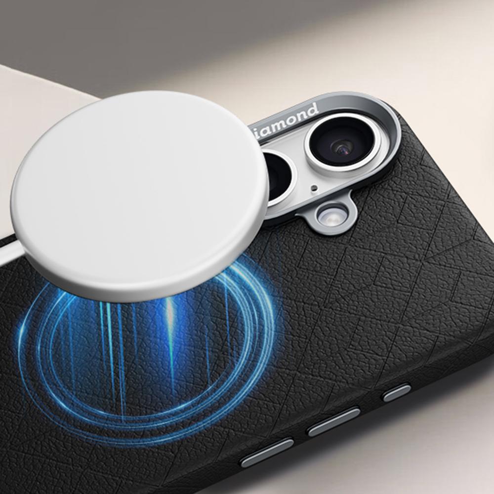 For iPhone 16 Plus Case Compatible with MagSafe Metal Lens Frame Y Pattern PC+PU Phone Cover