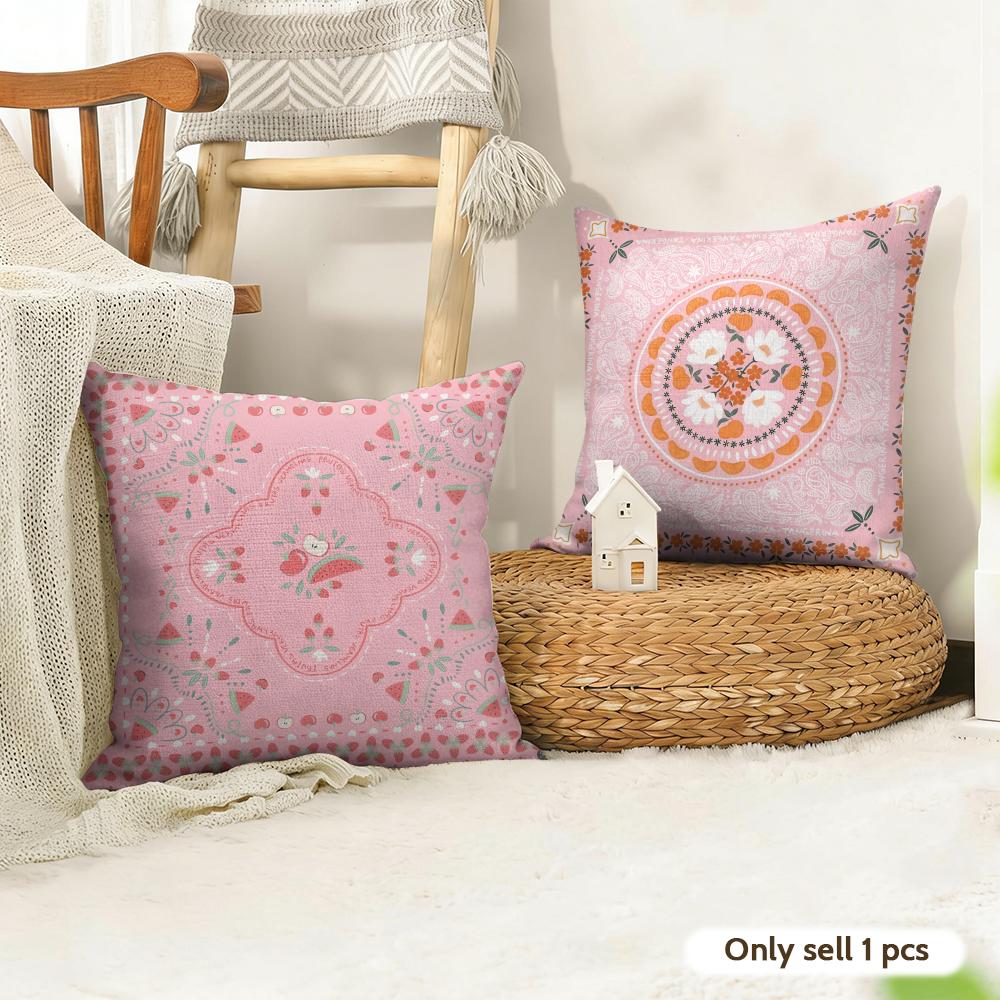 Pink Retro Flowers Cushion Cover Natural Linen Organic Fabric DoubleSided Printing Couch Pillow Covers Home Decor