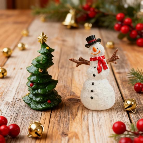 Mini Christmas Tree Figurine Cartoon Snowman Resin Statue Holiday Party Home Office Desktop Decoration Ornament Festival Gift