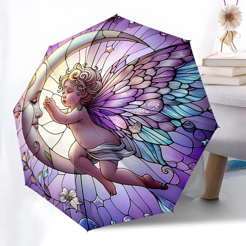 

1pc Stained Glass Angel & Moon Design Automatic Folding Umbrella - Portable 3-Fold Design with Iron Frame, Perfect for Outdoor Use, Festive Gifts, Tra