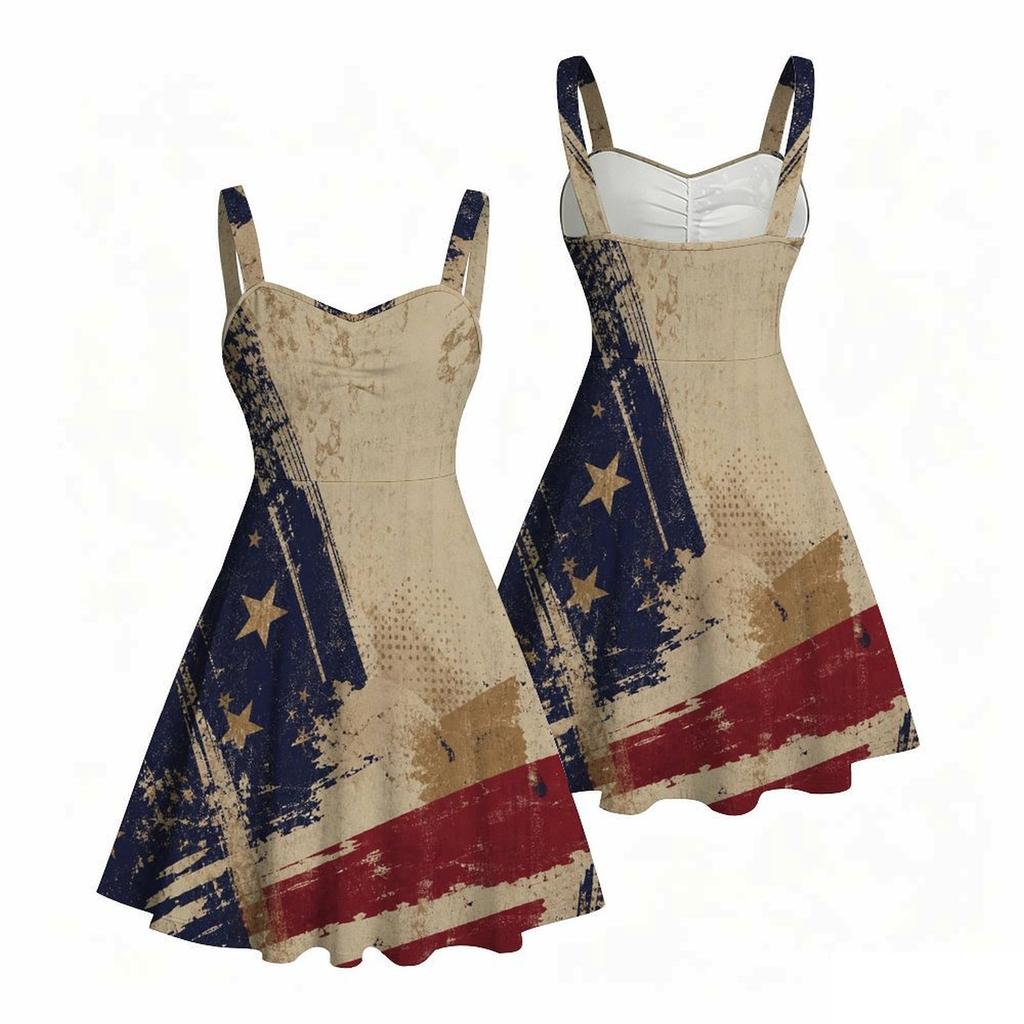 Women Plus Size Off Shoulder Strappy Sleeveless Vintage American Flag Printed Fitted Waist Flared Dress
