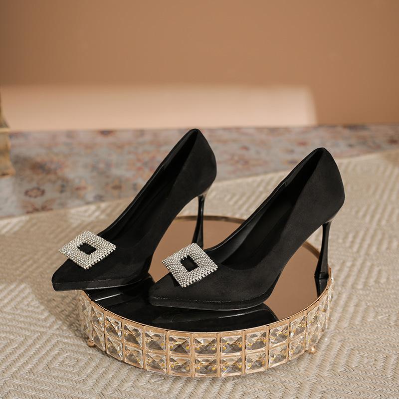 Celebrity rhinestone square buckle high heels women's waterproof table thin heel pointed single shoes black suede professional commuter work shoes