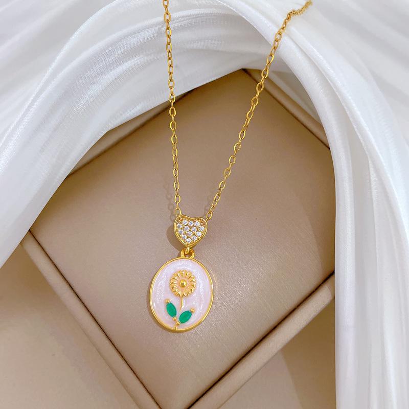 Pastoral Style Daisy Oval Zircon Heart Pendant Necklaces for Women Girls Stainless Steel Chain Sweet Cute Flower Jewelry Gifts