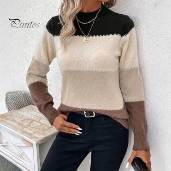 Crew Neck Women Sweater Knitting Tops Round Long Sleeve Color Blocked Knitted Tummy Cover Pullover Loose Hem H-Shaped Warm Casual Daily Wear H-shaped