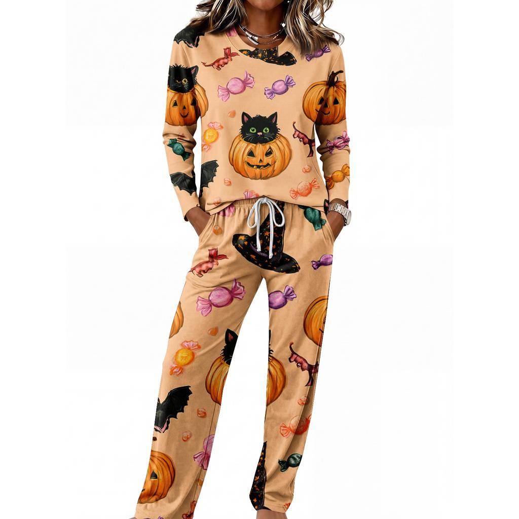Women's Casual Pajama Set with Long Sleeve Round Neck and Drawstring Wide Leg Pants for Sleep and