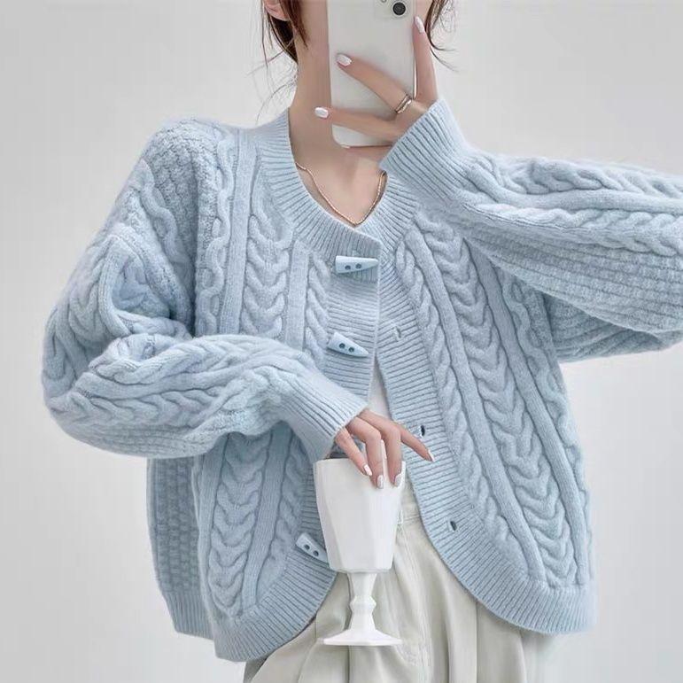 Horn Button Cable Knit Cardigan Autumn Winter Coat Short Lazy Round Neck Loose Sweater Top