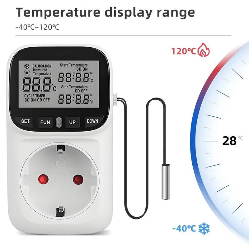 Digital Temperature Controller Socket Outlet EU Plug Thermostat With Timer Sensor Probe Heating Cooling Switch 16A Backlight