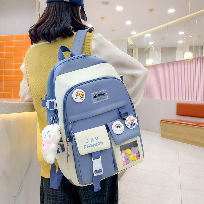 Backpack New Fashion Casual Foreign Style Simple Large Capacity Double Pocket Backpack Korean Version Small Fresh Five-piece Backpack