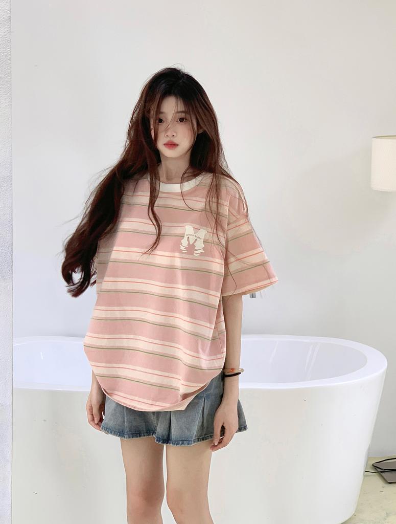 Cloud Color Short-sleeved T-shirt Women Summer Printing Loose Color Collision O-neck Versatile Tees Korean Women