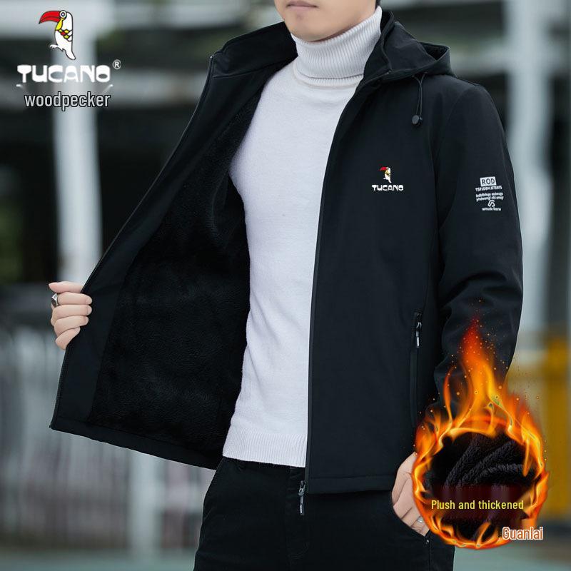 Woodpecker Men's Fleece-lined Hooded Jacket - Detachable Hood, Casual Spring/Autumn/Winter Coat