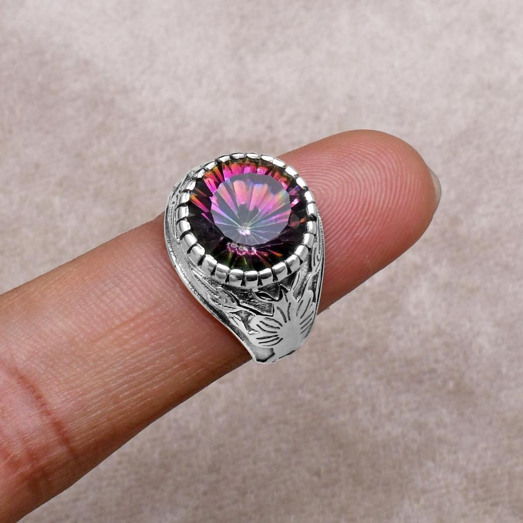 12 Mm Round Shape Mystic Topaz 925 Sterling Silver Classy Designer Shank Statement Ring For Unisex