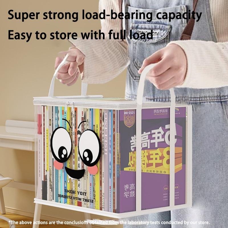 Clear PVC Book Storage Box Large Opening Design Double Handles Pliable Organiser for Home Office Classroom