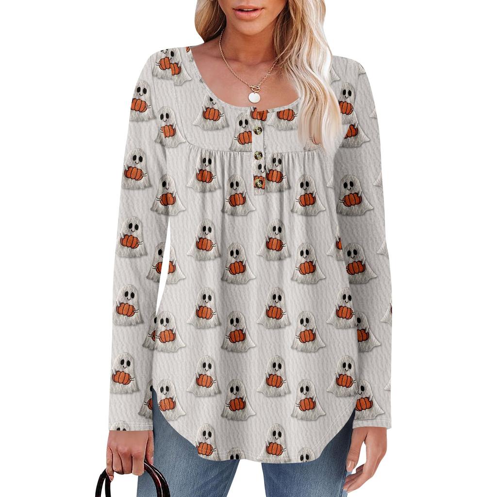 Dame Langermet Tunika Løse Topper Casual Oversized Topper Plissert Tunika Knapper Ned Casual Dame Print Topper