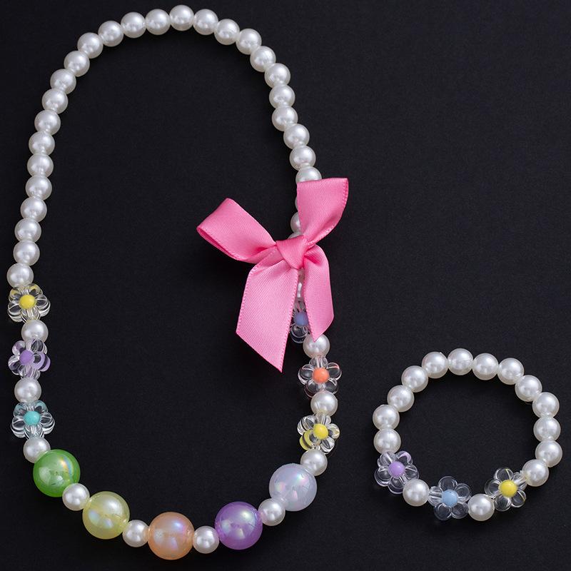 Boys And Girls Baby Princess Candy Color Beaded Necklace Bracelet Set Flower Pearl Bow Dress Accessories