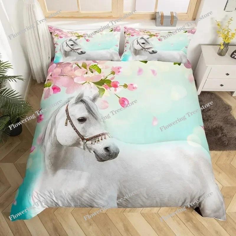 3D Horse Duvet Cover King Queen Size Yellow Sunflower Bedding Set Floral Animal Theme Quilt Cover Wildlife Soft Comforter Cover