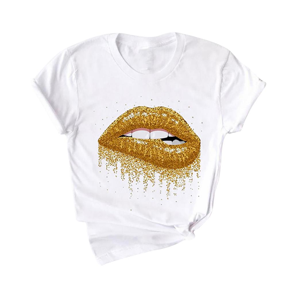 Modna damska bluzka z krótkim rękawem i nadrukiem w czerwone usta