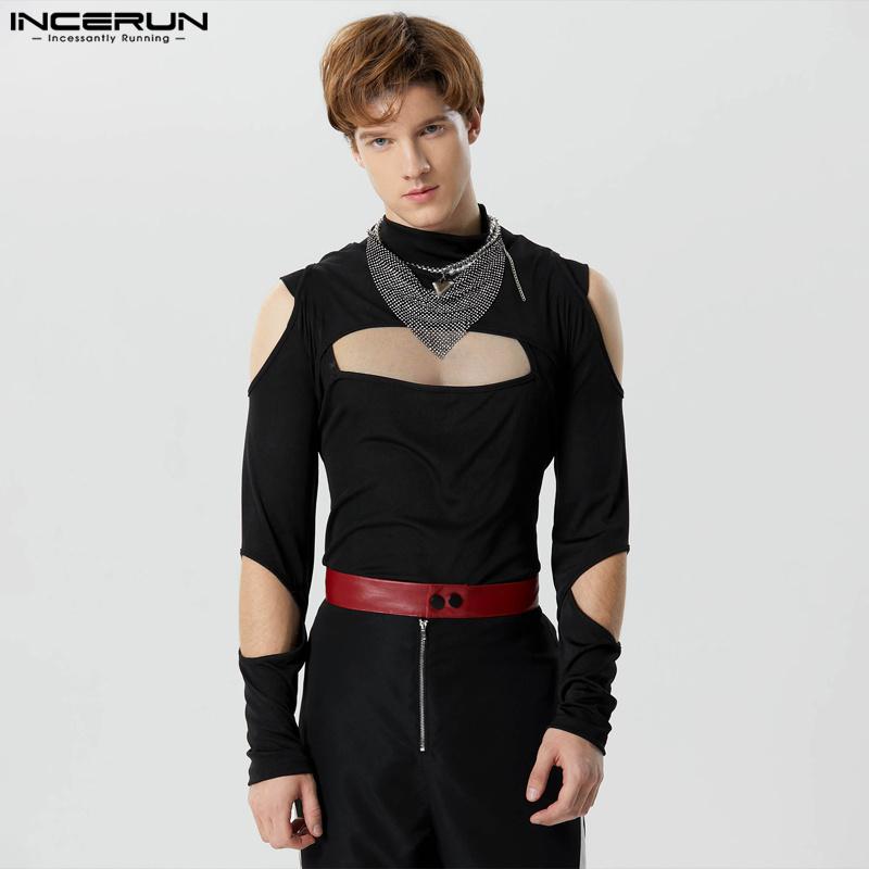 

INCERUN Мужские тонкие топы с воротником и длинными рукавами и вырезами