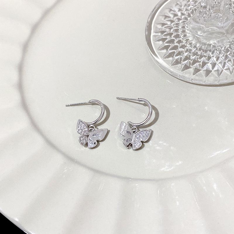 New micro-inlaid zircon butterfly pendant earrings women's cold style versatile niche high-end stud earrings
