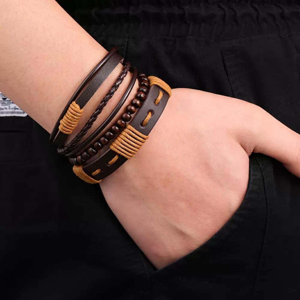 Vintage Beaded Multi-Leather Bracelet Men'S Personality Weaving Student Jewelry Adjusting Leather Bracelet