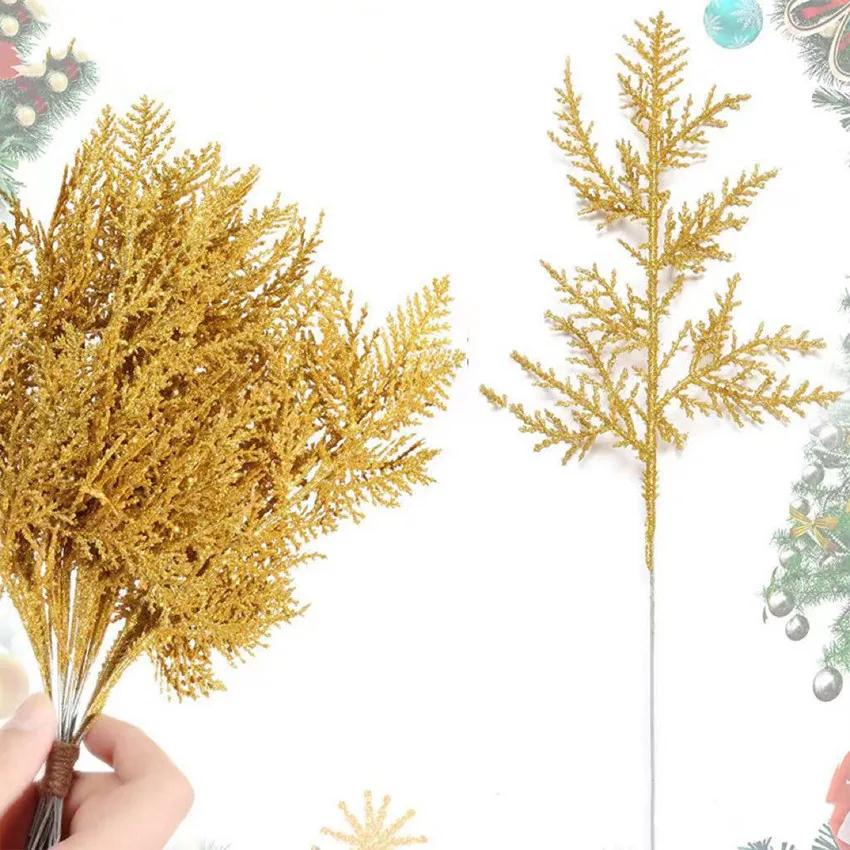 

10 шт. Искусственная рождественская гирлянда для вечеринки, сверкающие листья, сосновые иголки, кипарисовая гирлянда, зелень, растение, рождественский домашний зимний декор золотой