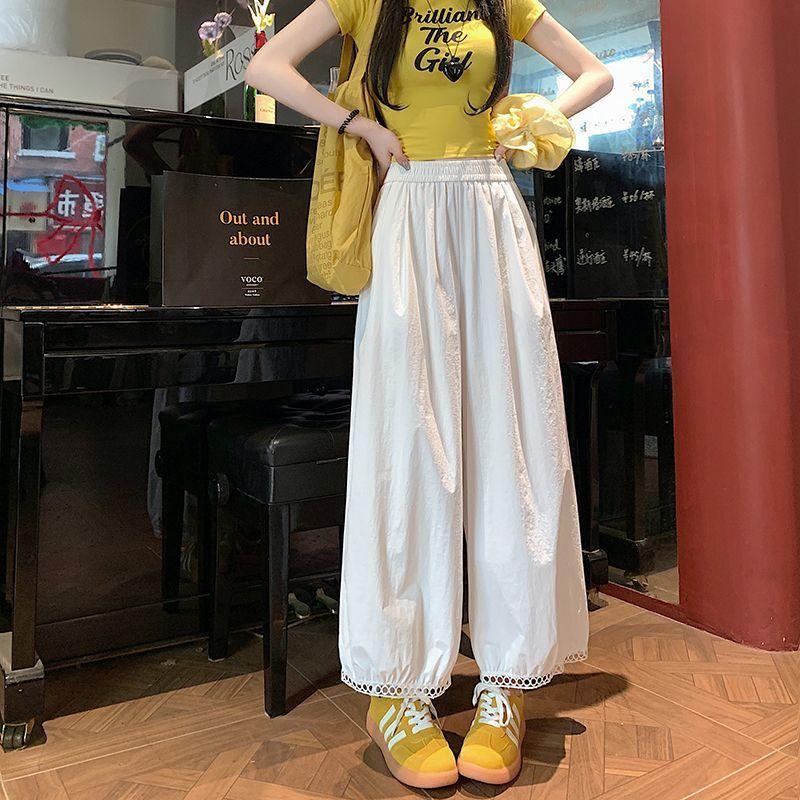 Women's Summer 9/10 Length White Lantern Pants | Hollow-Out Lace Wide-Leg Balloon & Bud Pants