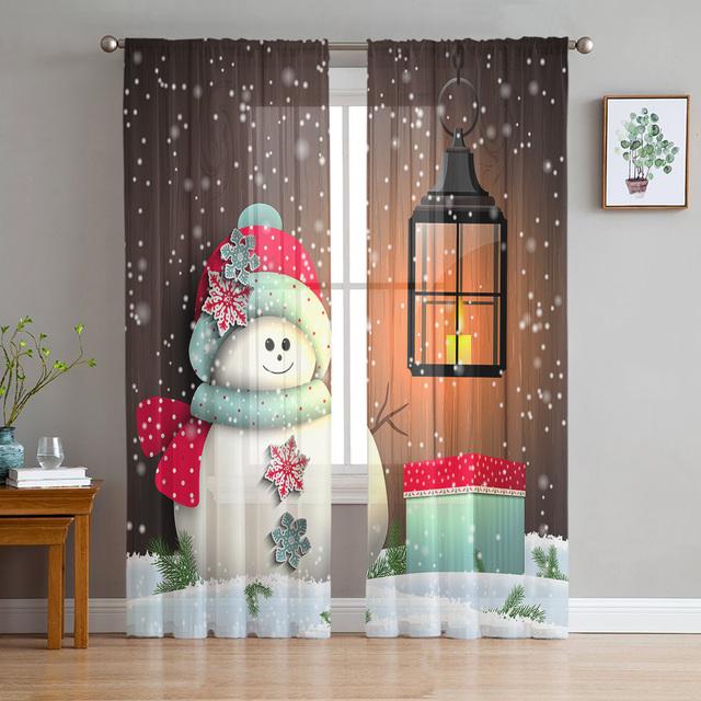 Christmas Gnome Wood Grain Snow Tulle Curtains For Living Room Decoration Modern Chiffon Sheer Voile Christmas Curtains