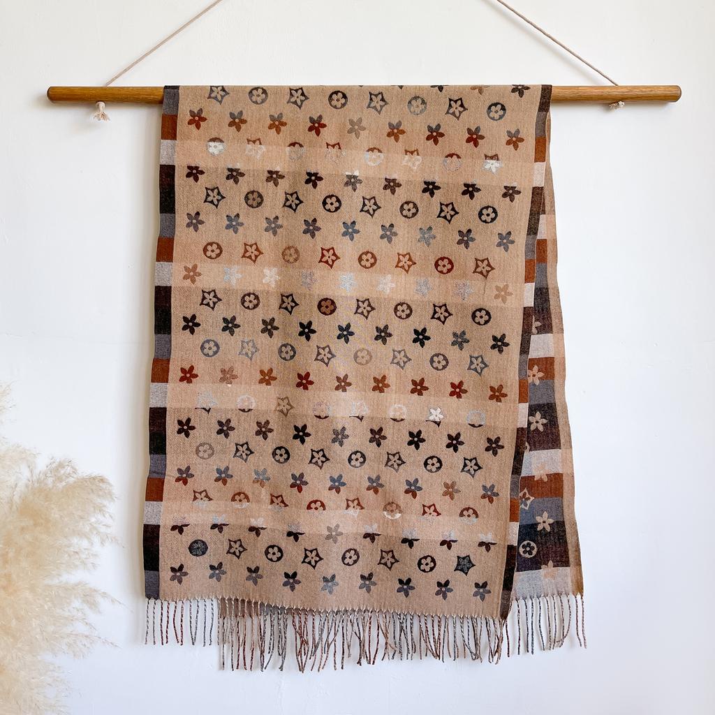 Stylish National Pattern Women's Faux Cashmere Infinity Scarf Winter Warm Two-Sided Thick Floral Print Cozy Shawl Foulard Blanke
