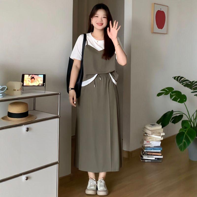 Plus-Size Women's Clothing for Fat Girls, Korean Style Fake Two-Piece Contrasting Color Short-Sleeved Top + Skirt 2026 Summer Slimming Two-Piece Set